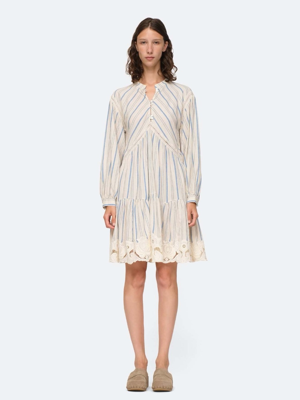 Sea New York Striped Cream and Blue Long-Sleeve Tiered Brady Dress size M